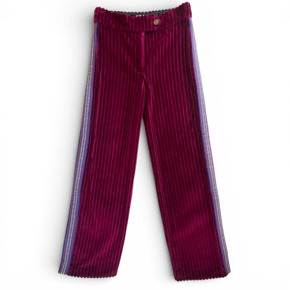 Mira Mikati Velvet Wine Cord Wide High Rise Embroidered Stripe Pants 4